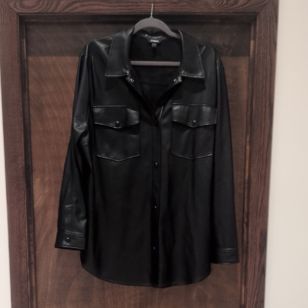 Express XL Black Faux Leather Button-Up Shirt